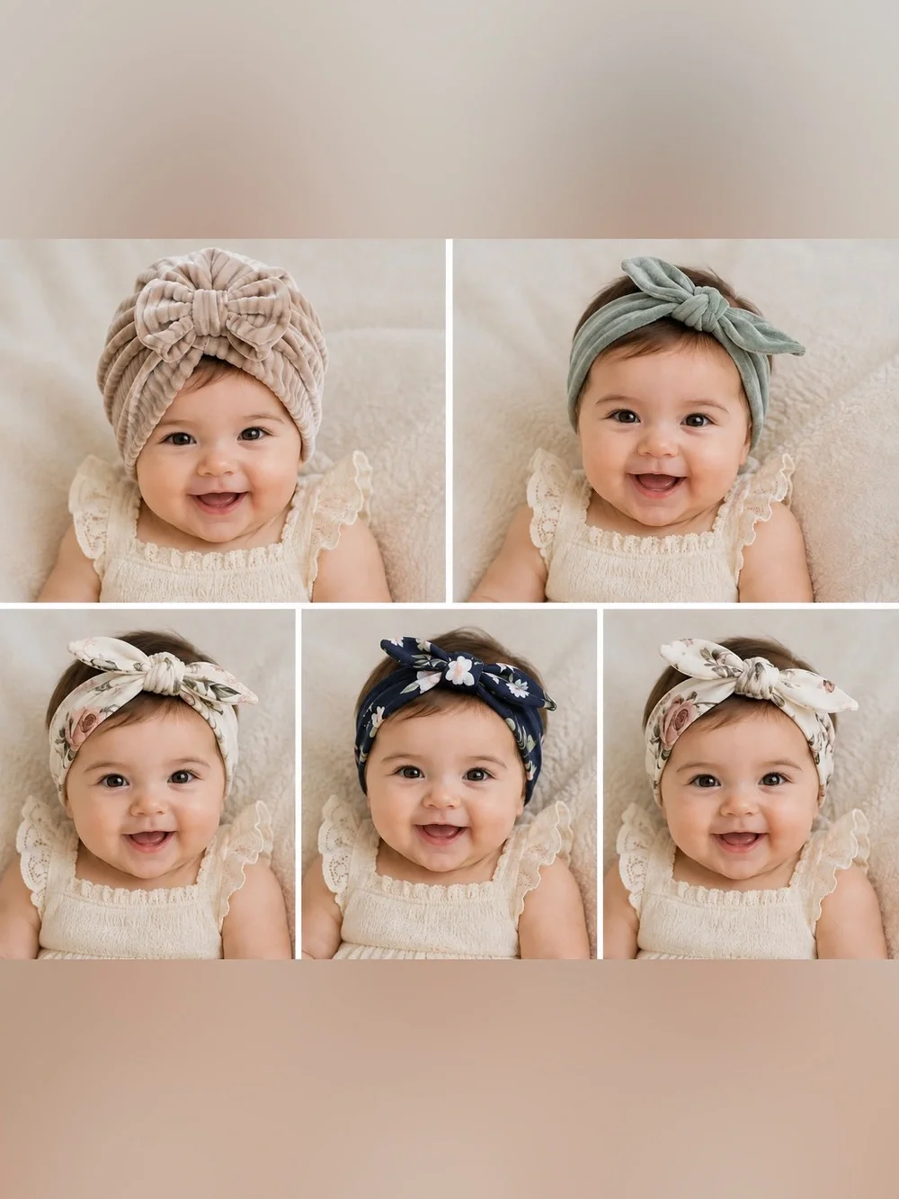 Neutral Velvet Bow Turban and Floral Headwrap Set - Women Accessories